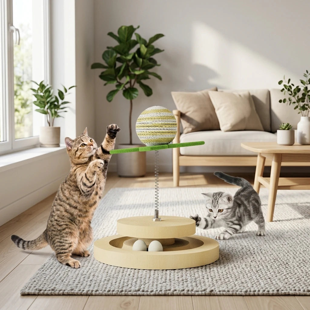 Sisal Spring Cat Toy with Ball Track — cat playing